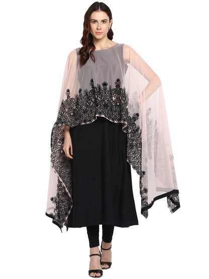 Women's Black Crepe Printed Kurta With Attached Dupatta