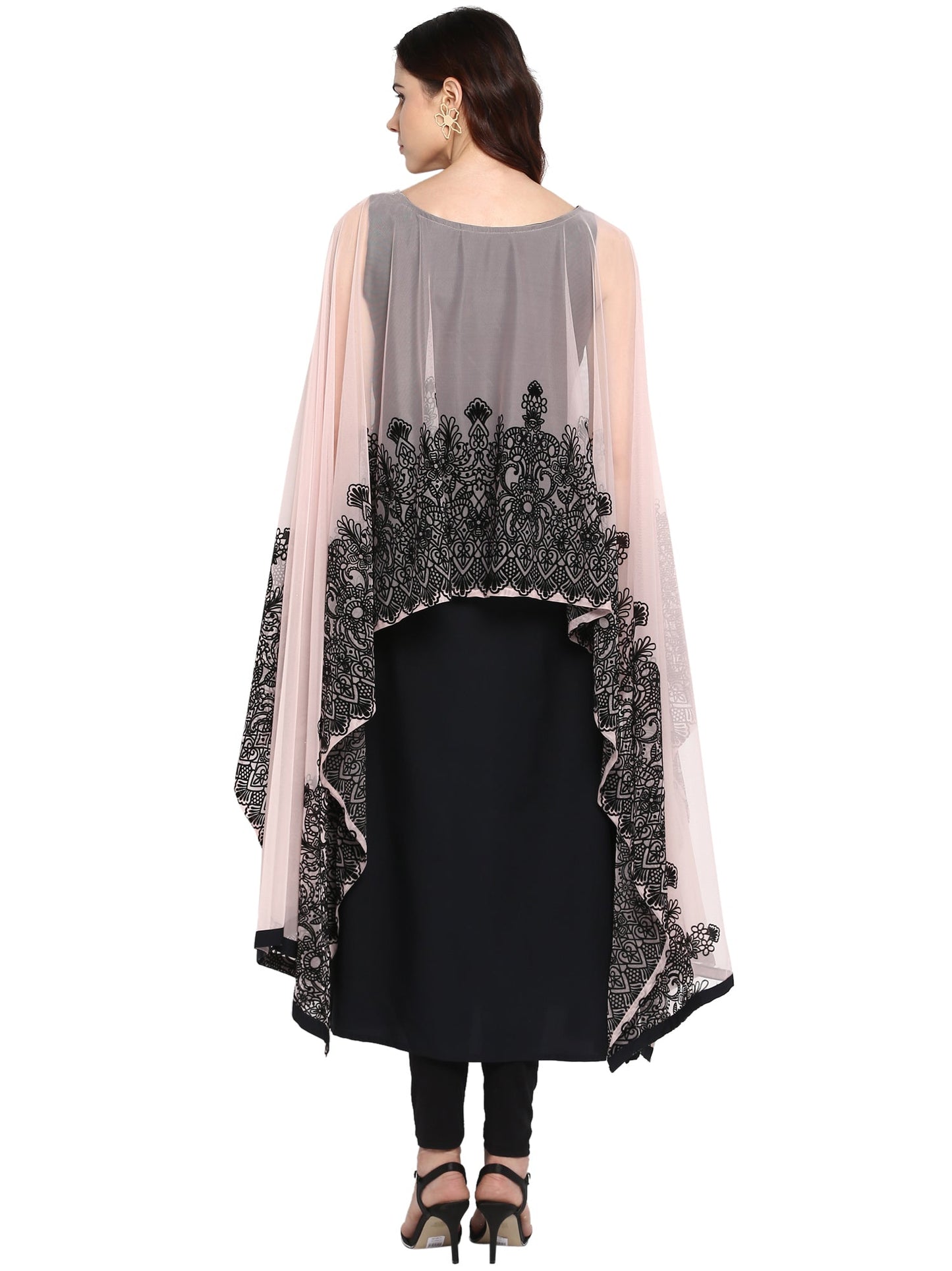 Women's Black Crepe Printed Kurta With Attached Dupatta