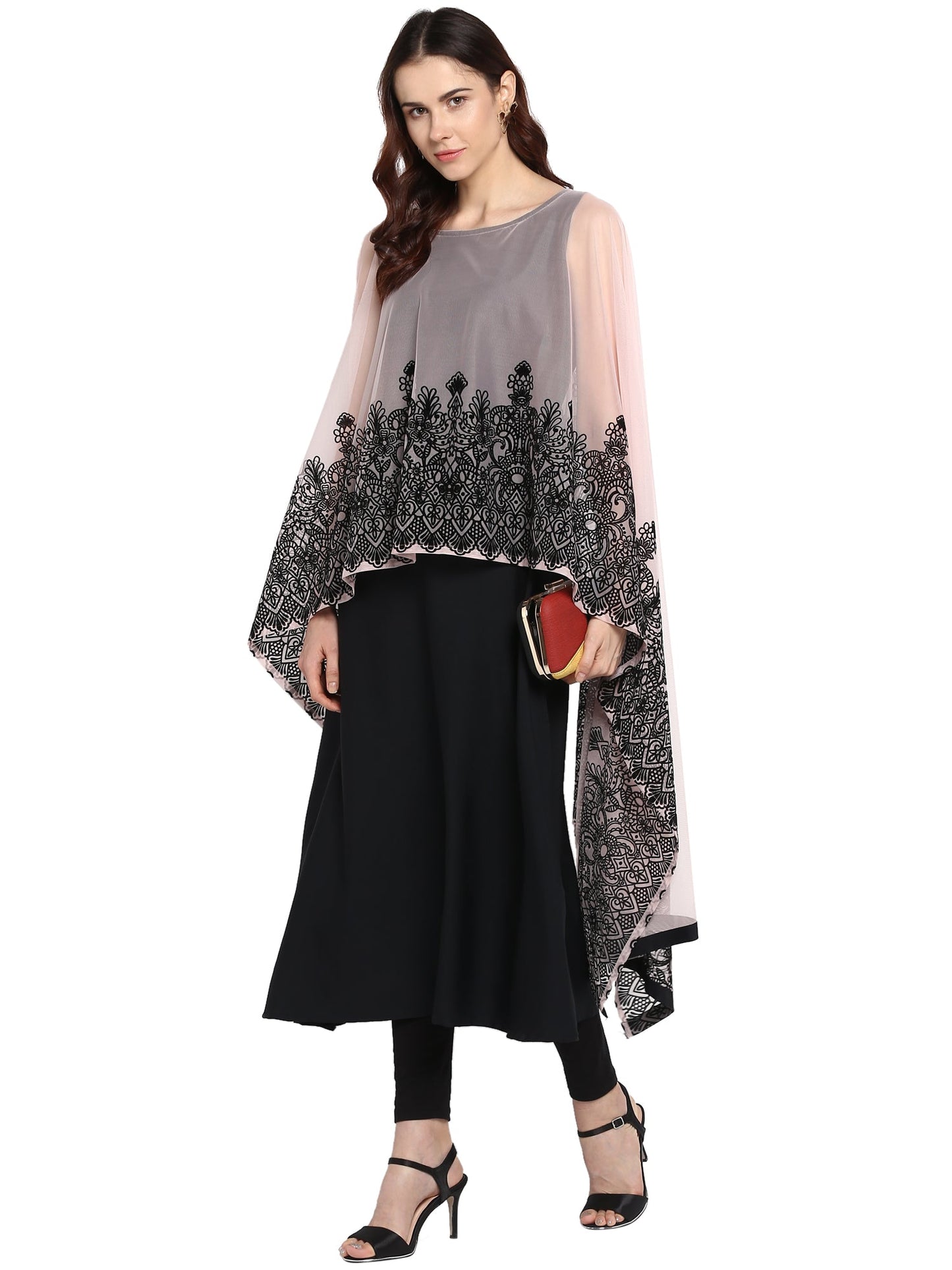Women's Black Crepe Printed Kurta With Attached Dupatta
