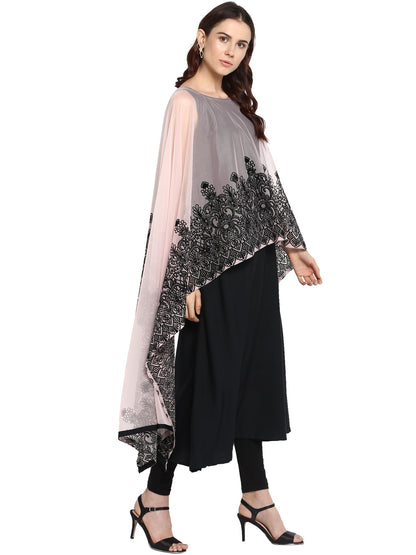 Women's Black Crepe Printed Kurta With Attached Dupatta