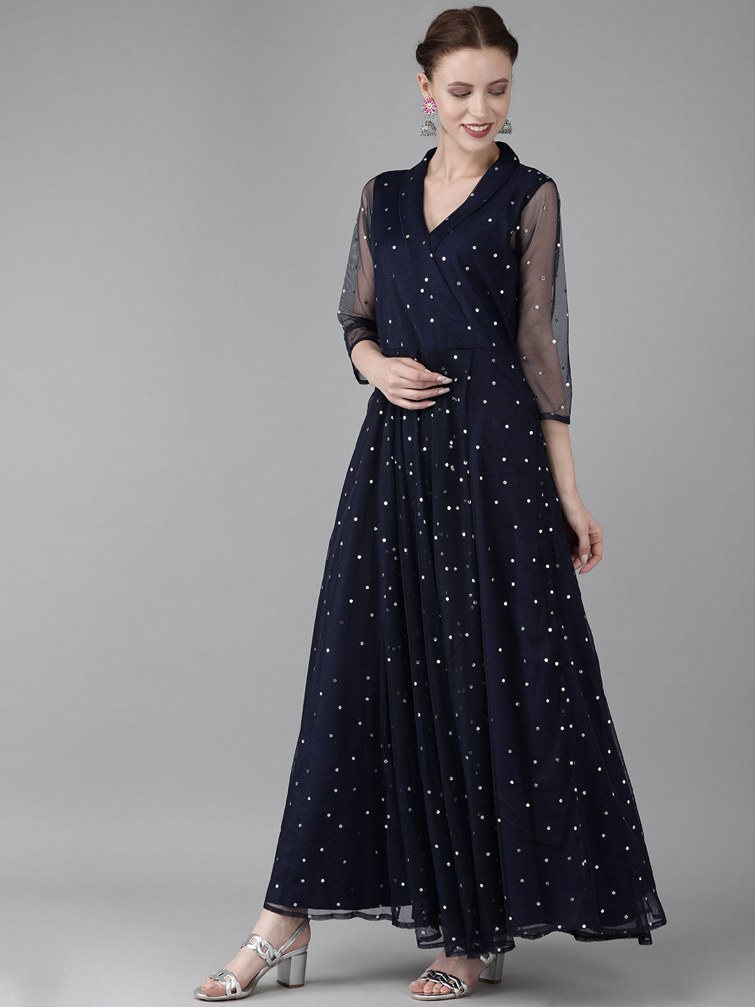 Women's Navy Blue Net & Crepe Silver Toned Polka Dots Printed Maxi Dres