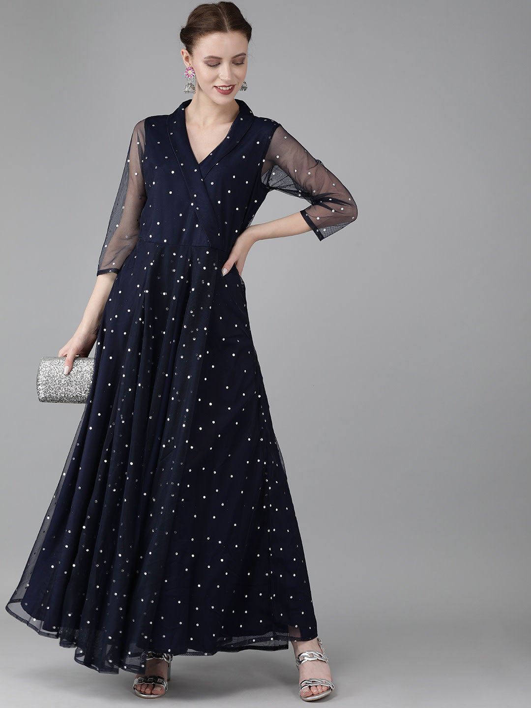 Women's Navy Blue Net & Crepe Silver Toned Polka Dots Printed Maxi Dres