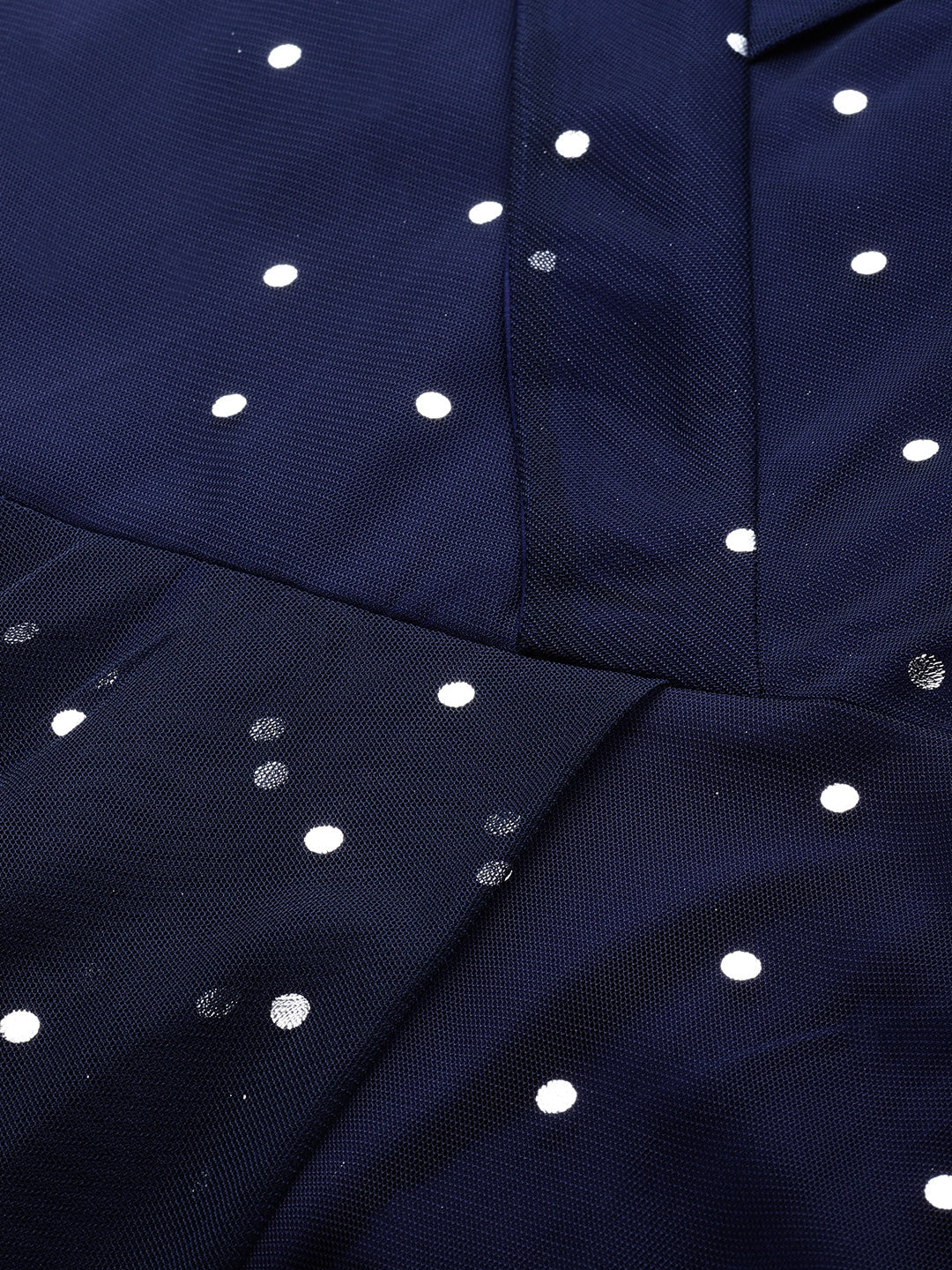 Women's Navy Blue Net & Crepe Silver Toned Polka Dots Printed Maxi Dres