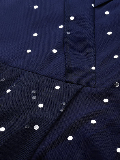 Women's Navy Blue Net & Crepe Silver Toned Polka Dots Printed Maxi Dres