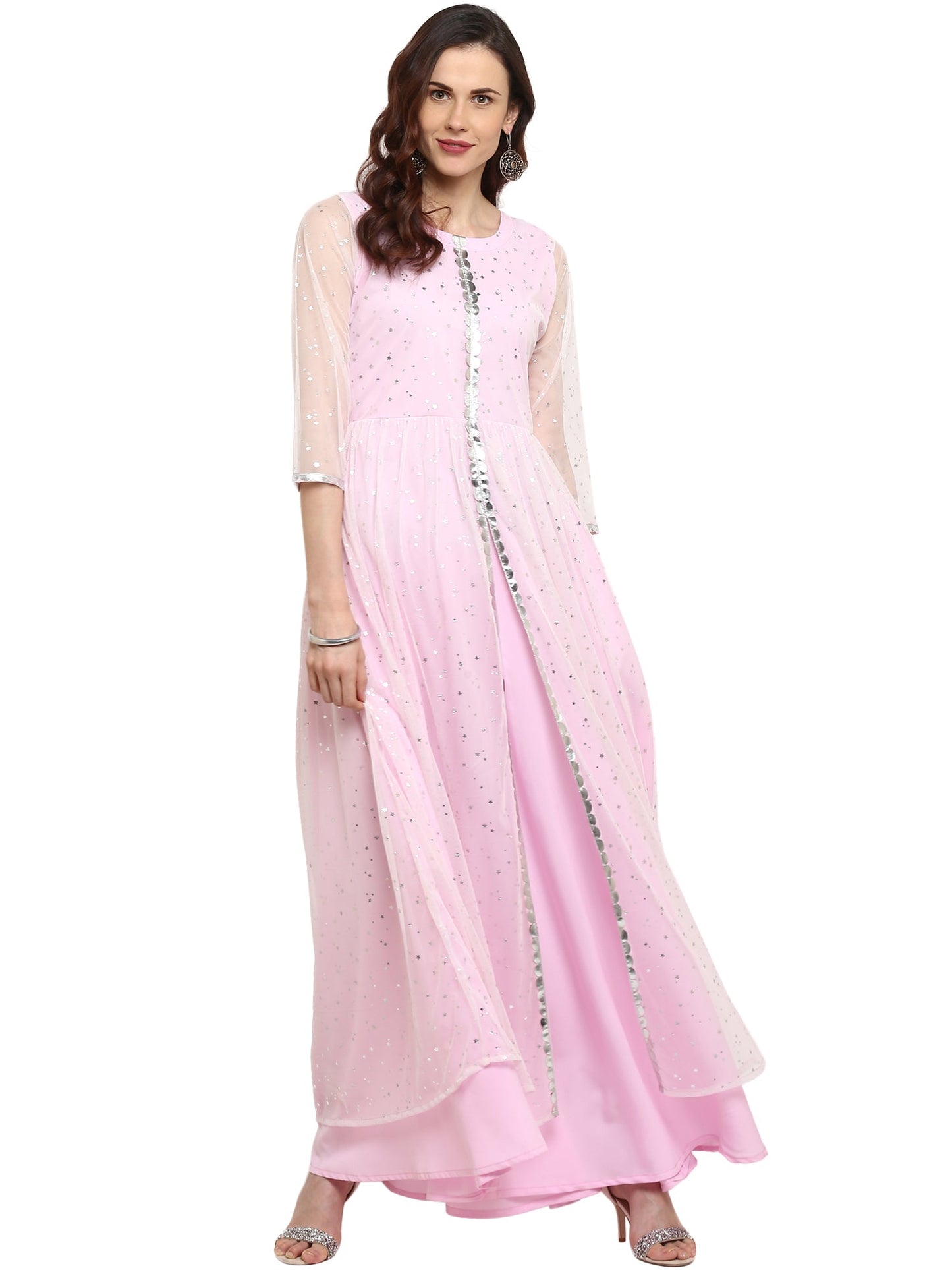 Women's Double Layered Partywear Light Pink Indo Western Only Kurta Dress