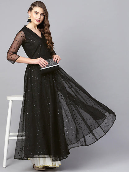 Women's Black Net & Crepe Star Foil Print Angrakha Anarkali Kurt