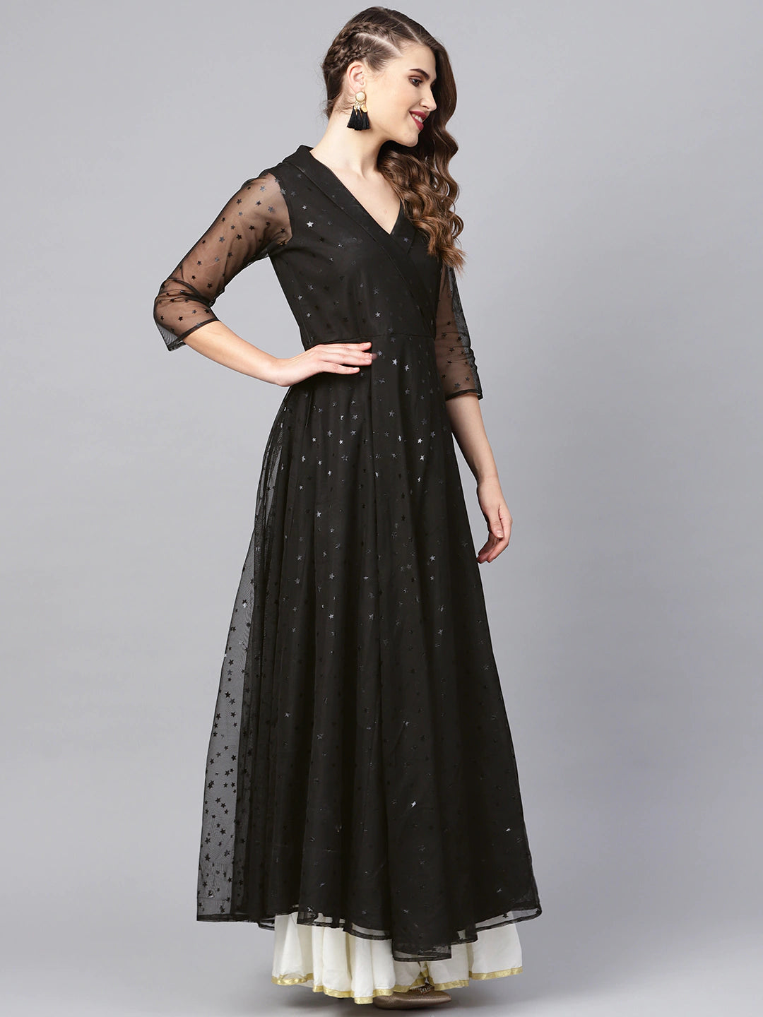 Women's Black Net & Crepe Star Foil Print Angrakha Anarkali Kurt