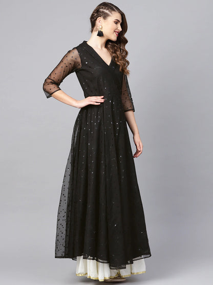 Women's Black Net & Crepe Star Foil Print Angrakha Anarkali Kurt