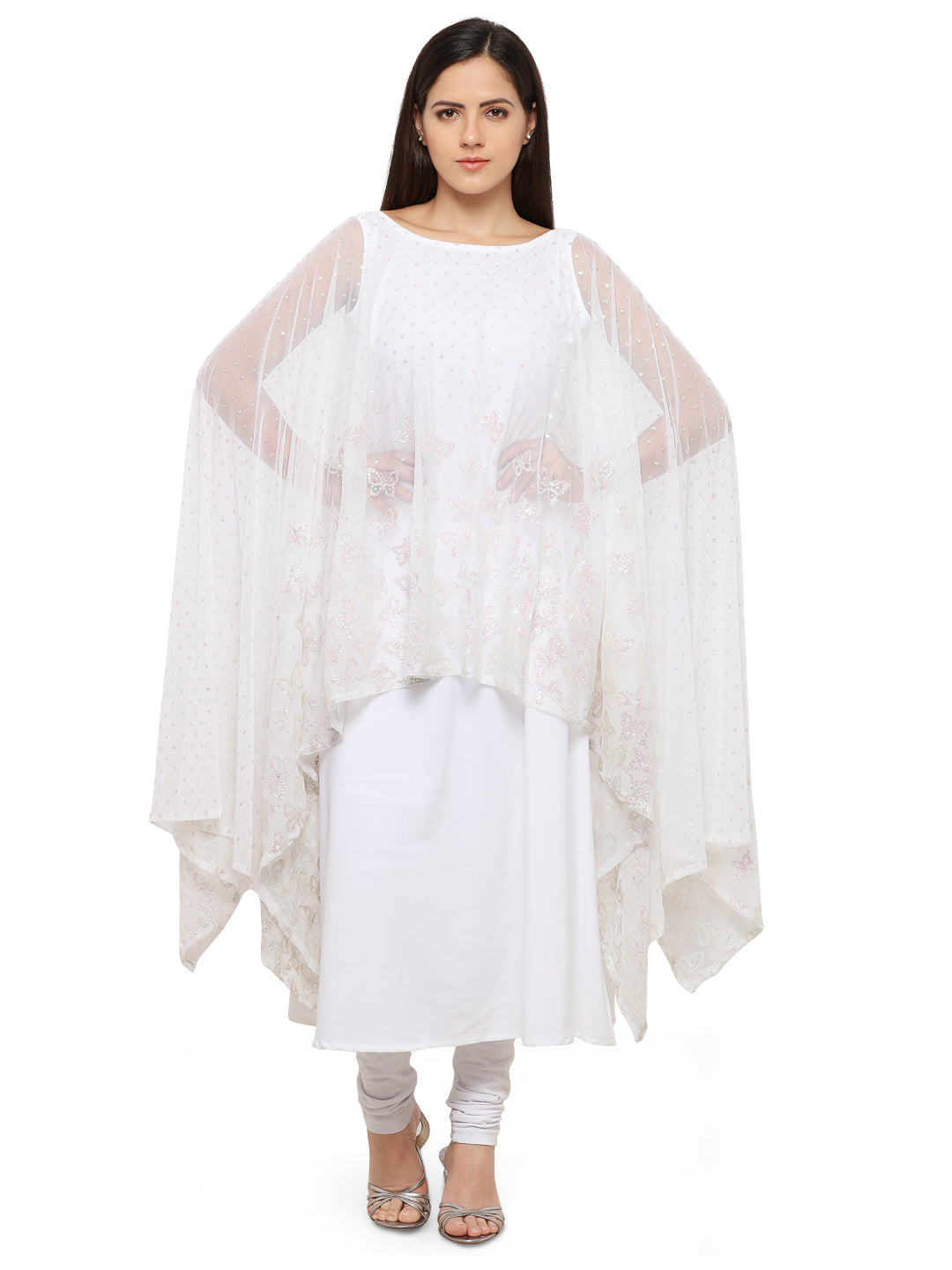 Women's White Glitter Butterfly Print Cape Style Only Kurta