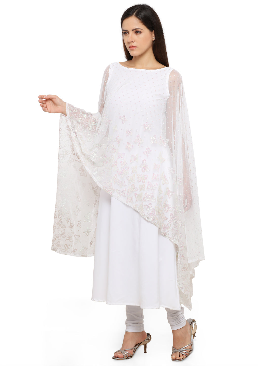 Women's White Glitter Butterfly Print Cape Style Only Kurta