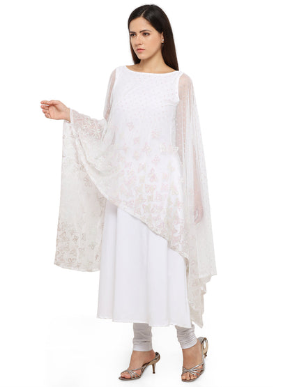 Women's White Glitter Butterfly Print Cape Style Only Kurta
