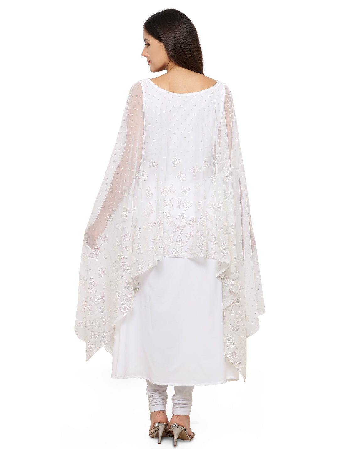 Women's White Glitter Butterfly Print Cape Style Only Kurta