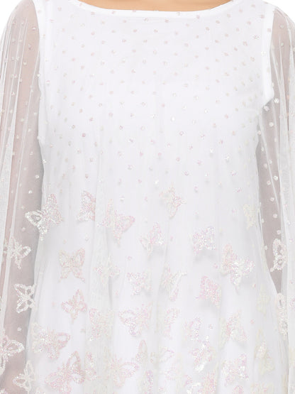Women's White Glitter Butterfly Print Cape Style Only Kurta