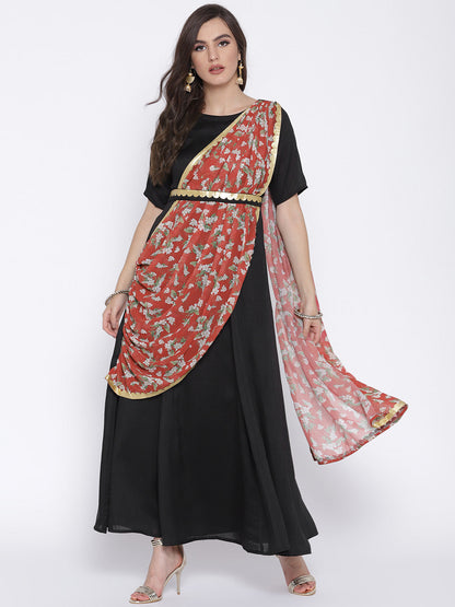 Women's Black Poly Silk Kurta With Printed Dupatta