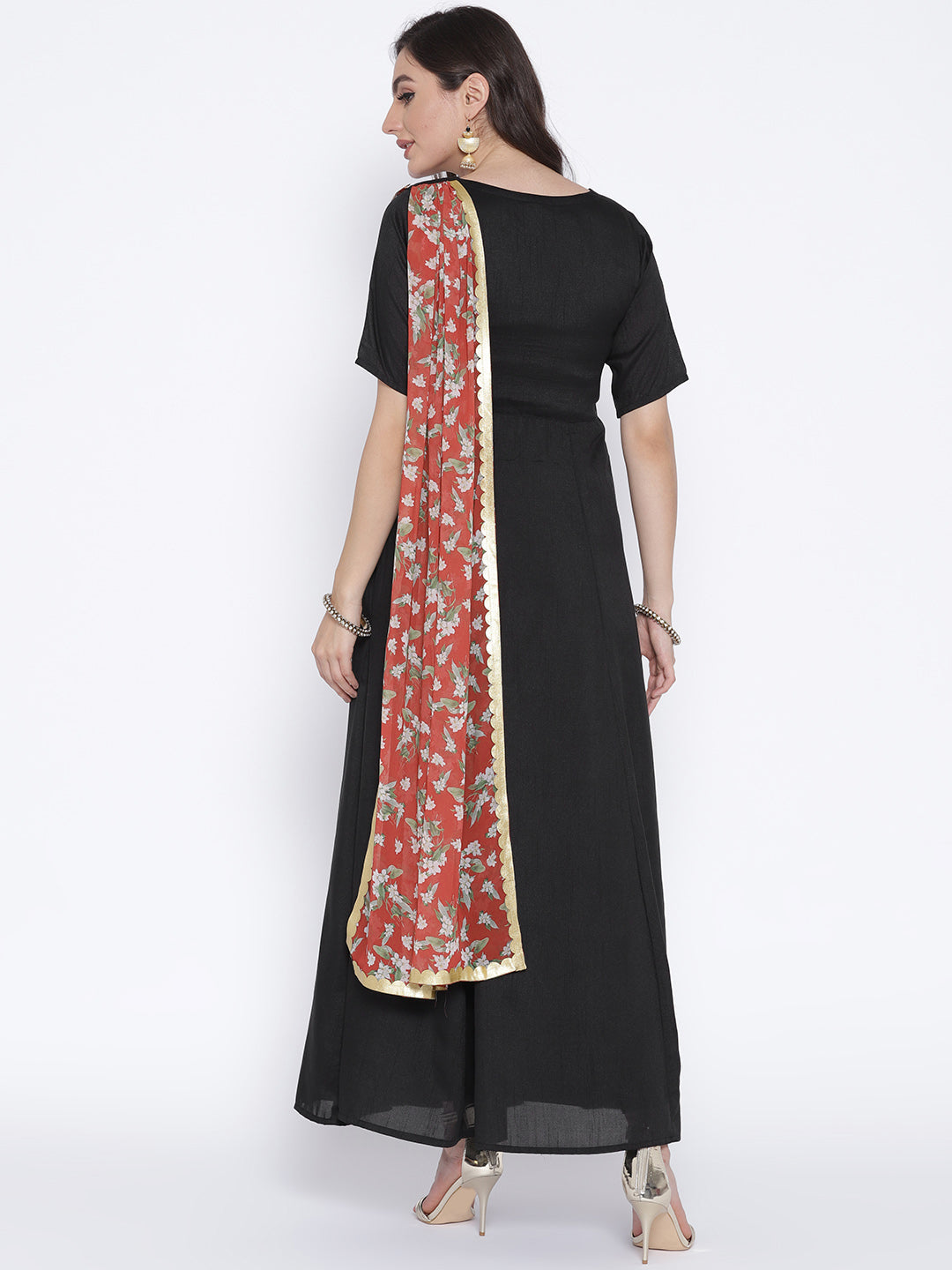 Women's Black Poly Silk Kurta With Printed Dupatta