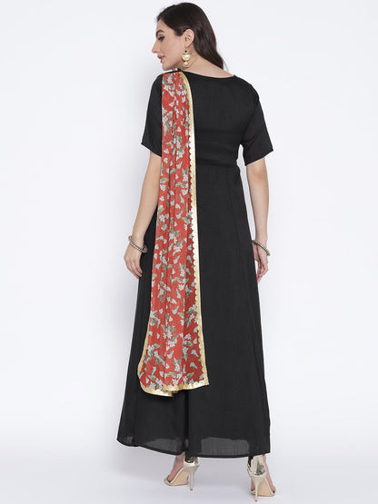 Women's Black Poly Silk Kurta With Printed Dupatta