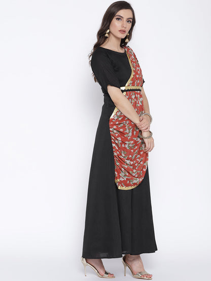 Women's Black Poly Silk Kurta With Printed Dupatta
