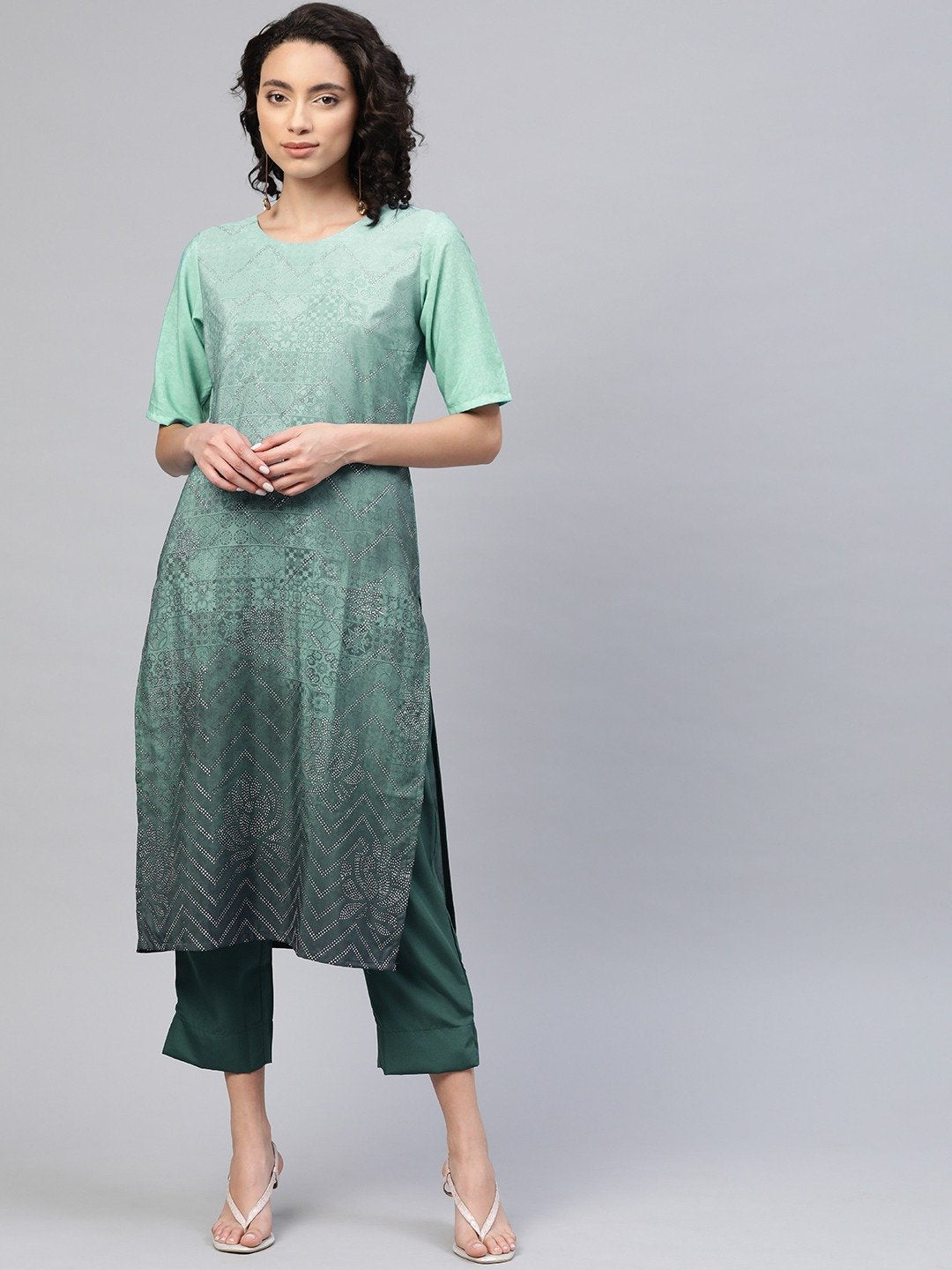 Women's Sea Green Crepe Printed Kurta Pant Set