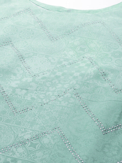 Women's Sea Green Crepe Printed Kurta Pant Set