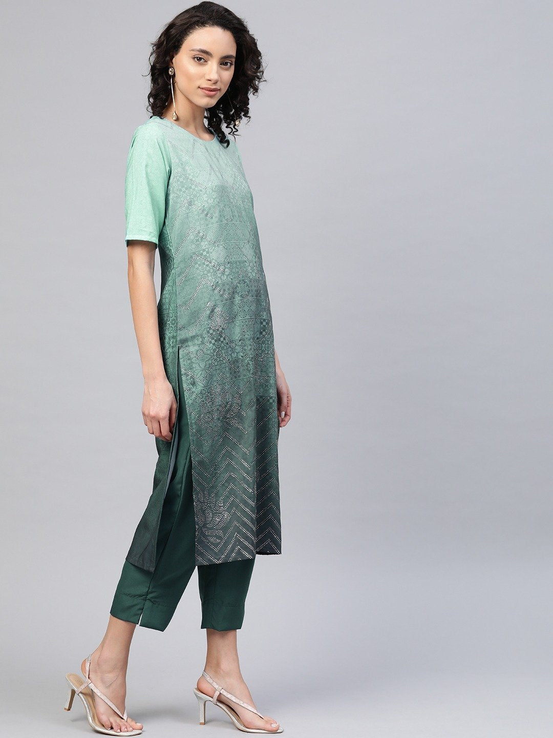Women's Sea Green Crepe Printed Kurta Pant Set