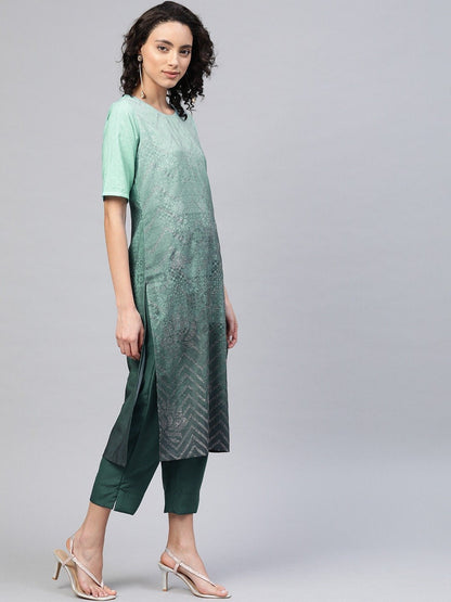 Women's Sea Green Crepe Printed Kurta Pant Set
