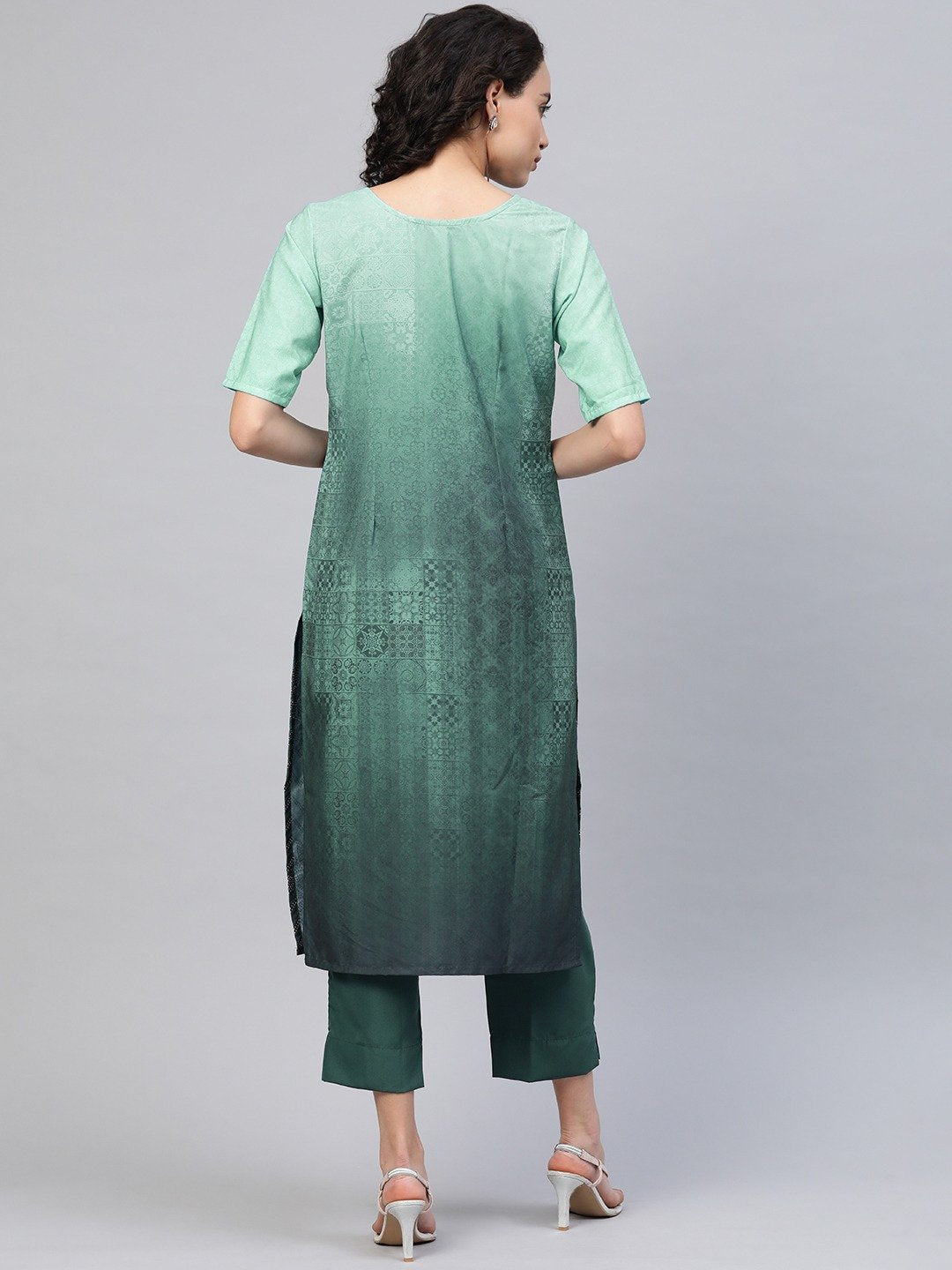 Women's Sea Green Crepe Printed Kurta Pant Set