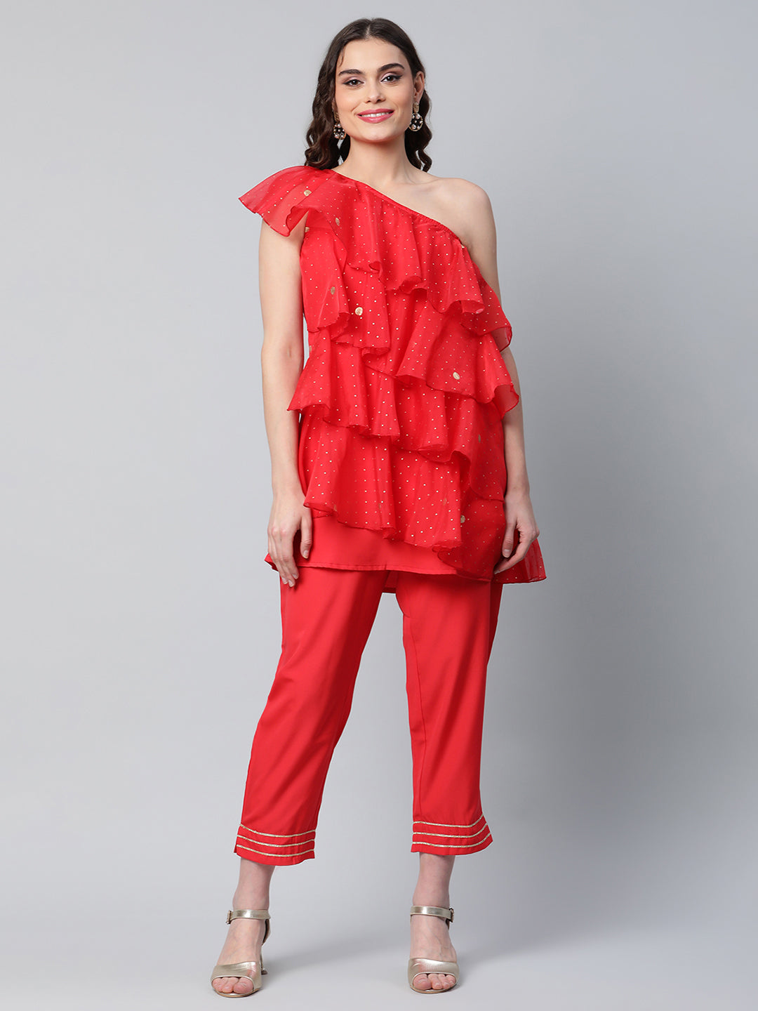 Women's Red Printed Layered Top With Trousers