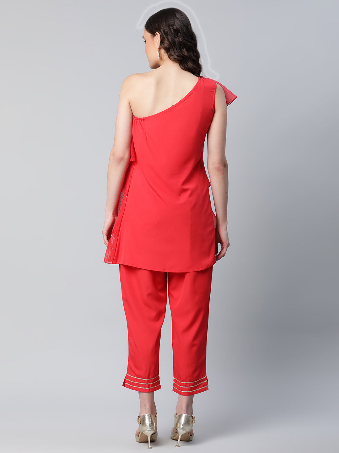 Women's Red Printed Layered Top With Trousers