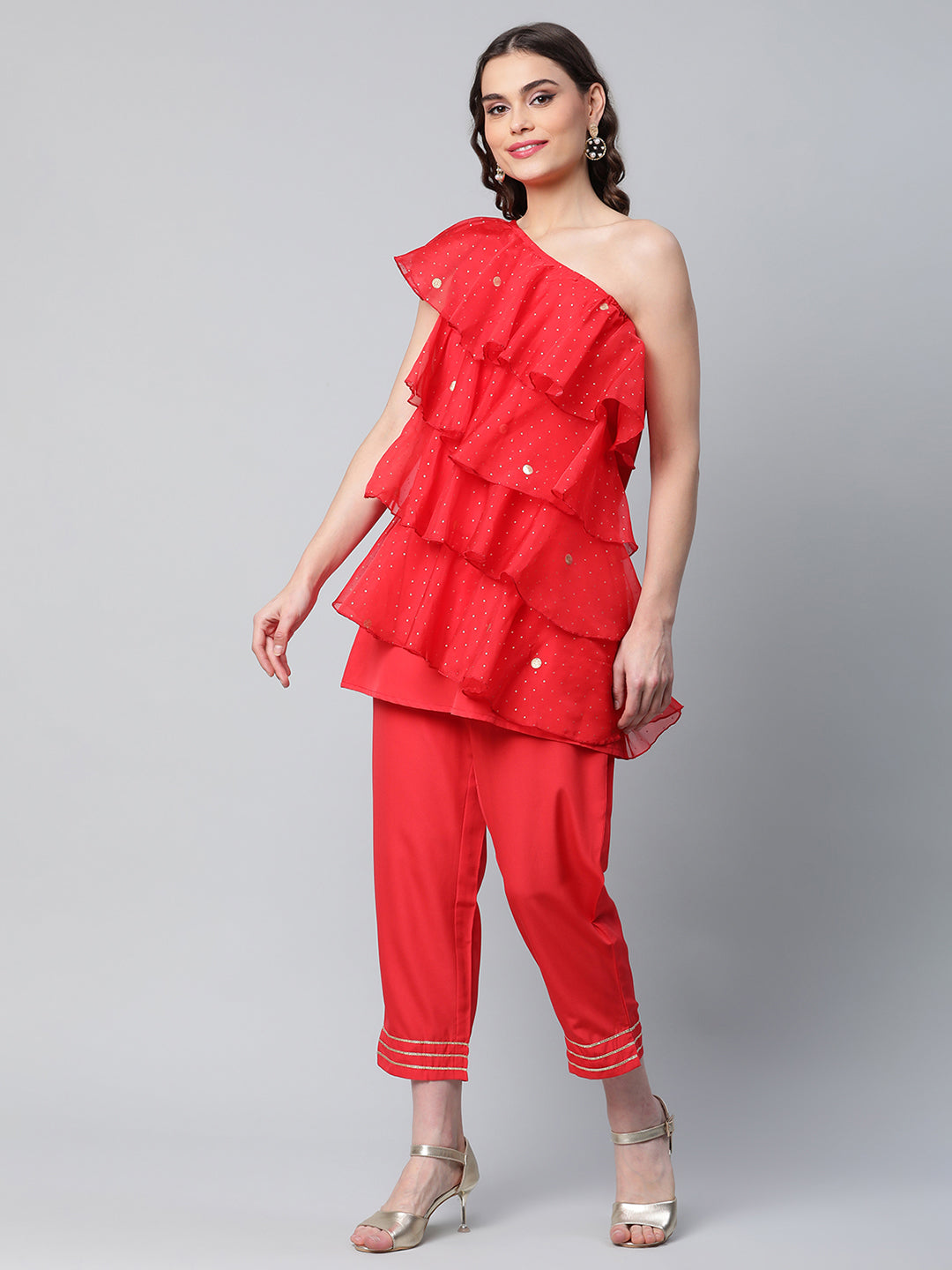 Women's Red Printed Layered Top With Trousers