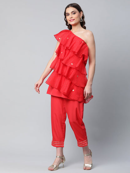 Women's Red Printed Layered Top With Trousers
