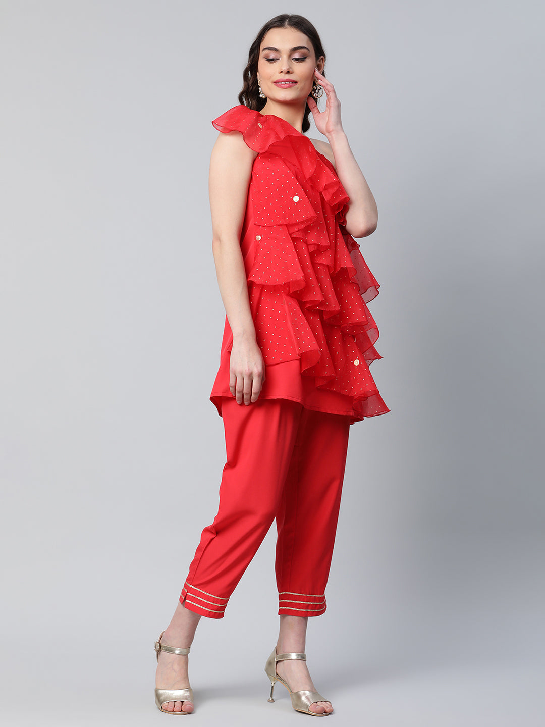 Women's Red Printed Layered Top With Trousers