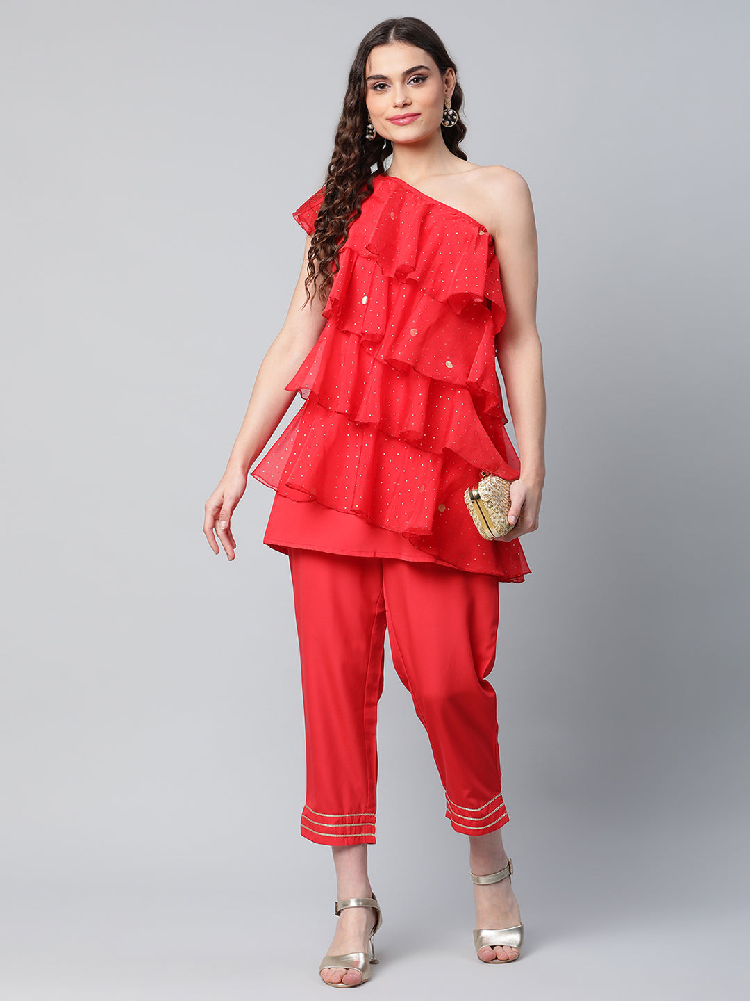 Women's Red Printed Layered Top With Trousers