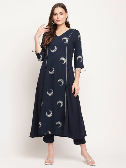 Women's Navy Blue Rayon Foil & Khari Print Kurta Trouser Set