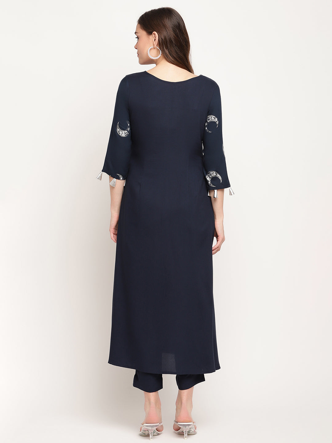 Women's Navy Blue Rayon Foil & Khari Print Kurta Trouser Set