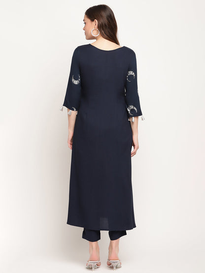 Women's Navy Blue Rayon Foil & Khari Print Kurta Trouser Set