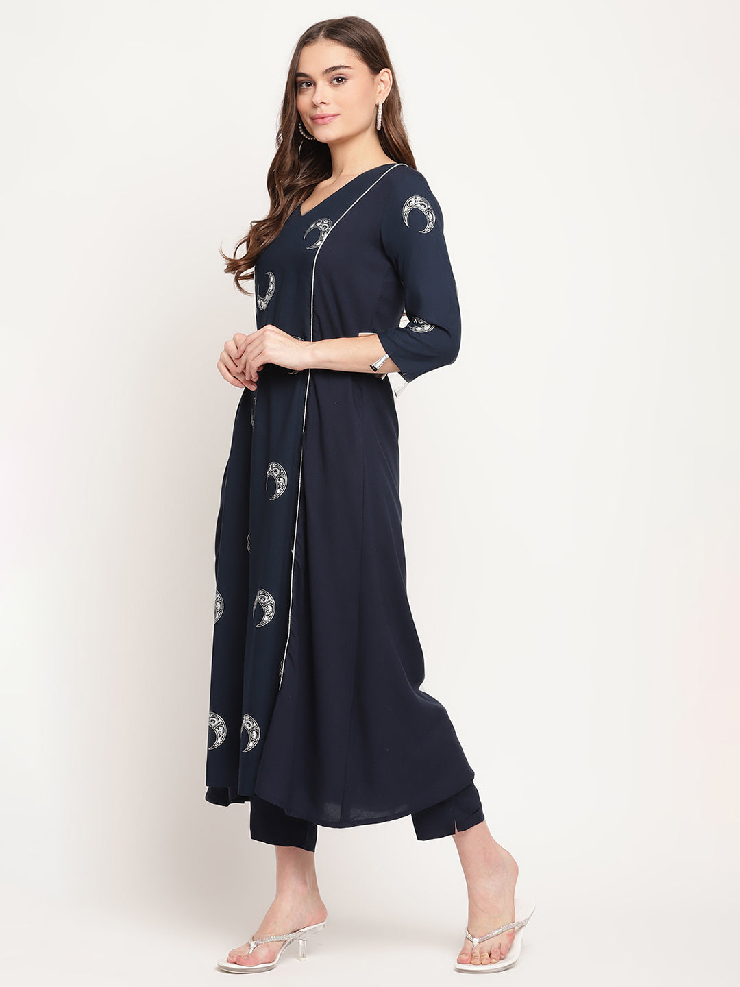 Women's Navy Blue Rayon Foil & Khari Print Kurta Trouser Set
