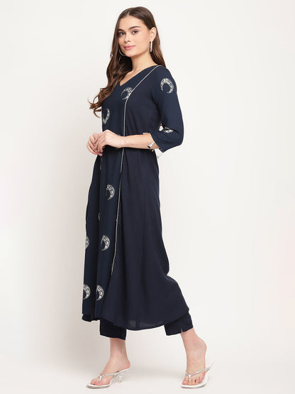 Women's Navy Blue Rayon Foil & Khari Print Kurta Trouser Set