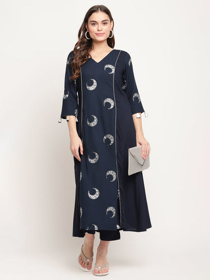 Women's Navy Blue Rayon Foil & Khari Print Kurta Trouser Set