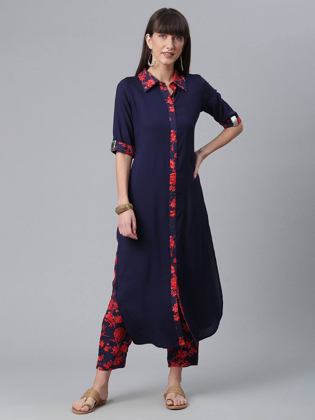 Women's  Navy Blue Solid Rayon Kurta Pant Se