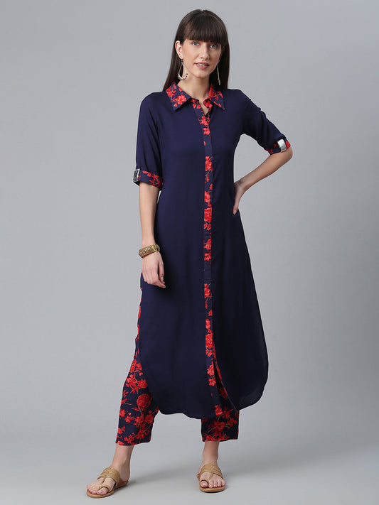 Women's  Navy Blue Solid Rayon Kurta Pant Se