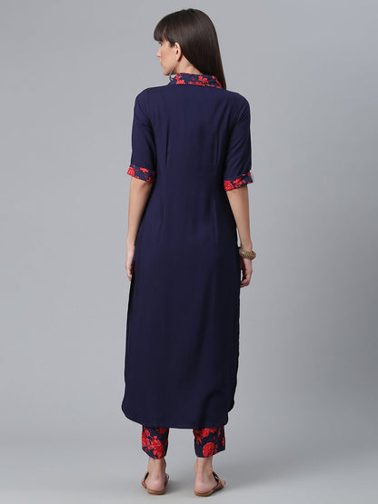 Women's  Navy Blue Solid Rayon Kurta Pant Se
