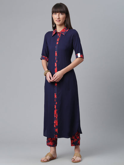 Women's  Navy Blue Solid Rayon Kurta Pant Se