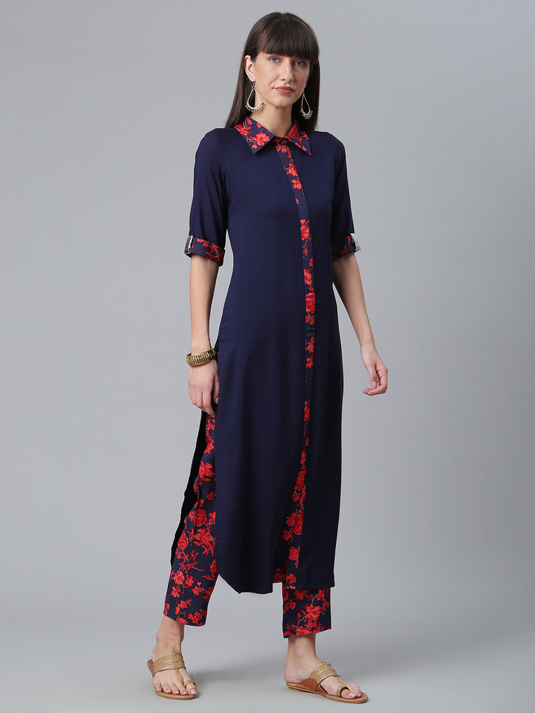 Women's  Navy Blue Solid Rayon Kurta Pant Se