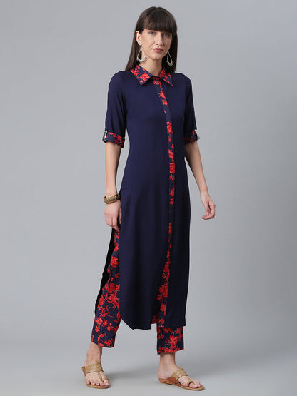 Women's  Navy Blue Solid Rayon Kurta Pant Se
