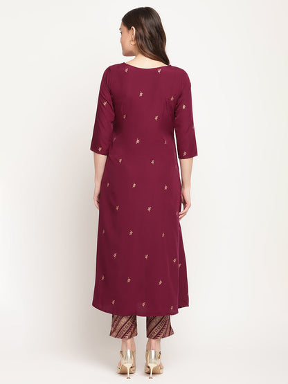 Women's Wine Crepe Gold Glitter Print Kurta Trouser Se
