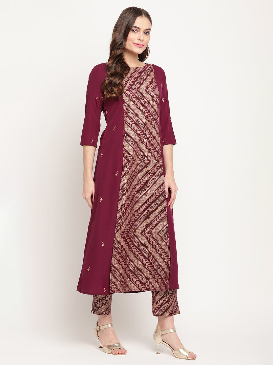 Women's Wine Crepe Gold Glitter Print Kurta Trouser Se