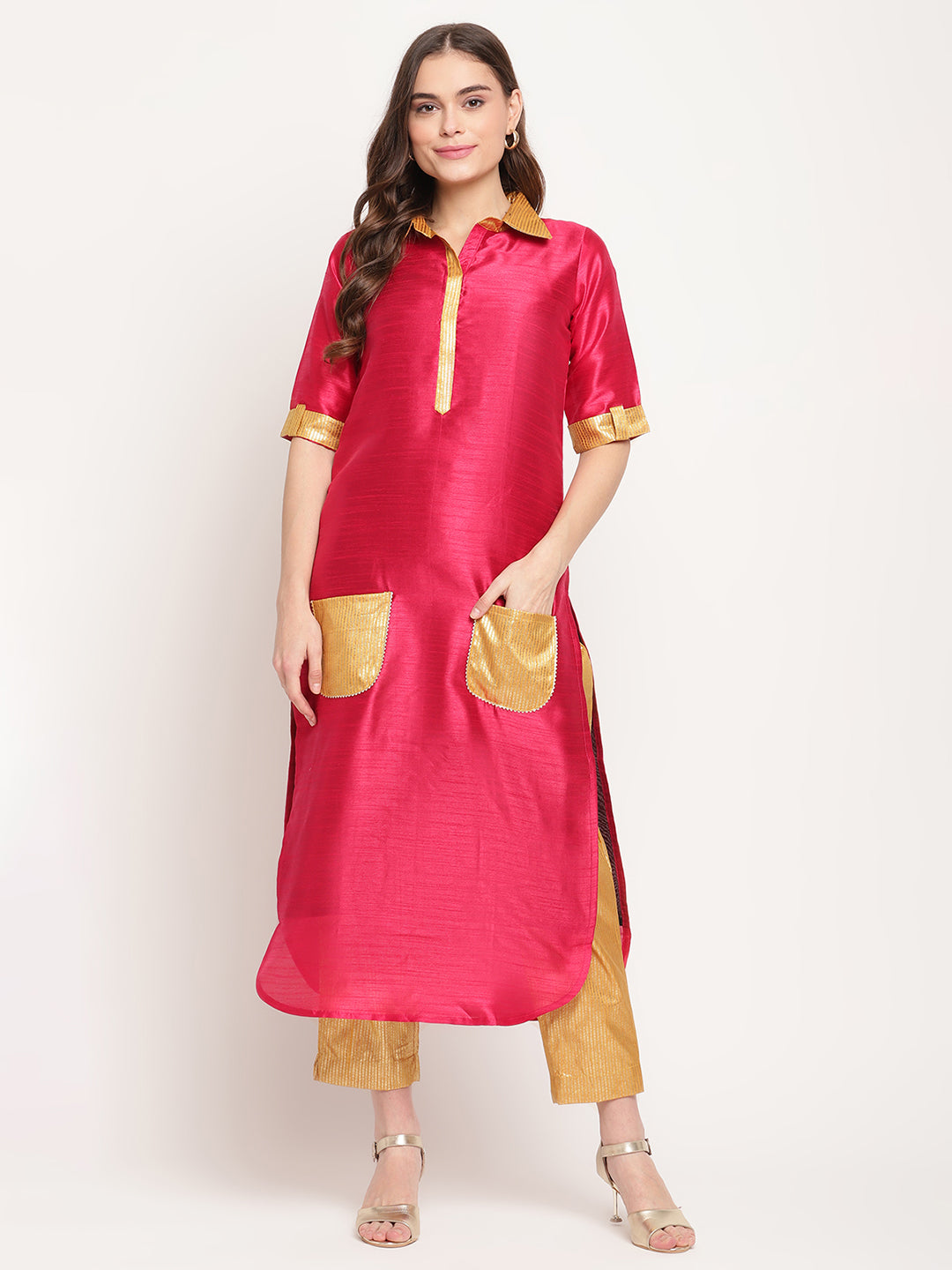Women's Dark Pink Poly Silk Kurta Trouser Se