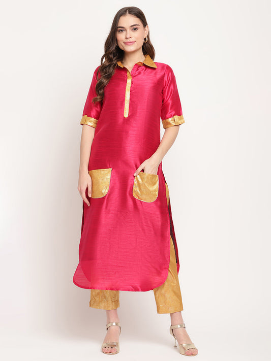 Women's Dark Pink Poly Silk Kurta Trouser Se