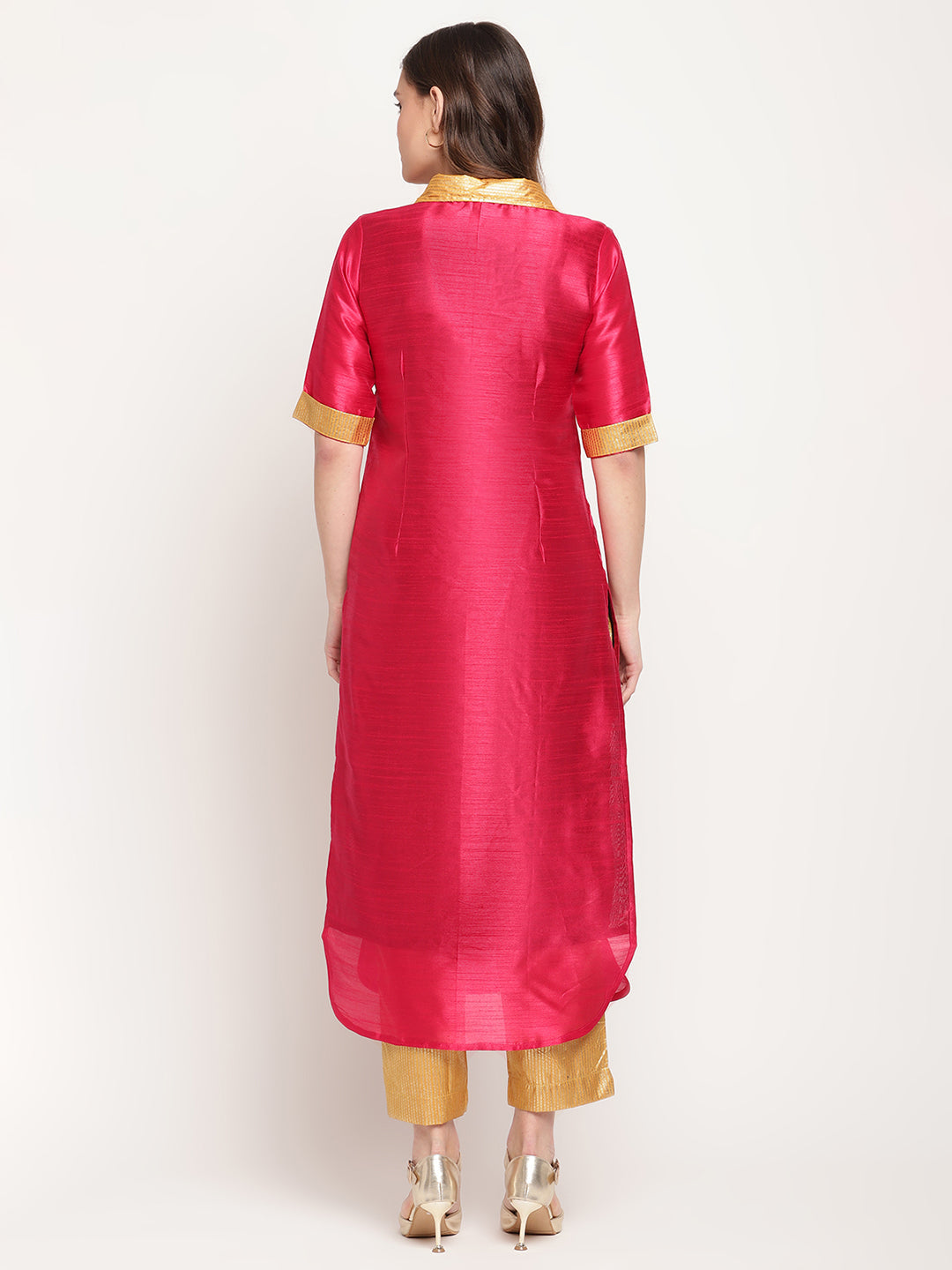 Women's Dark Pink Poly Silk Kurta Trouser Se