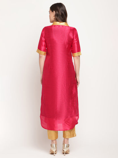 Women's Dark Pink Poly Silk Kurta Trouser Se